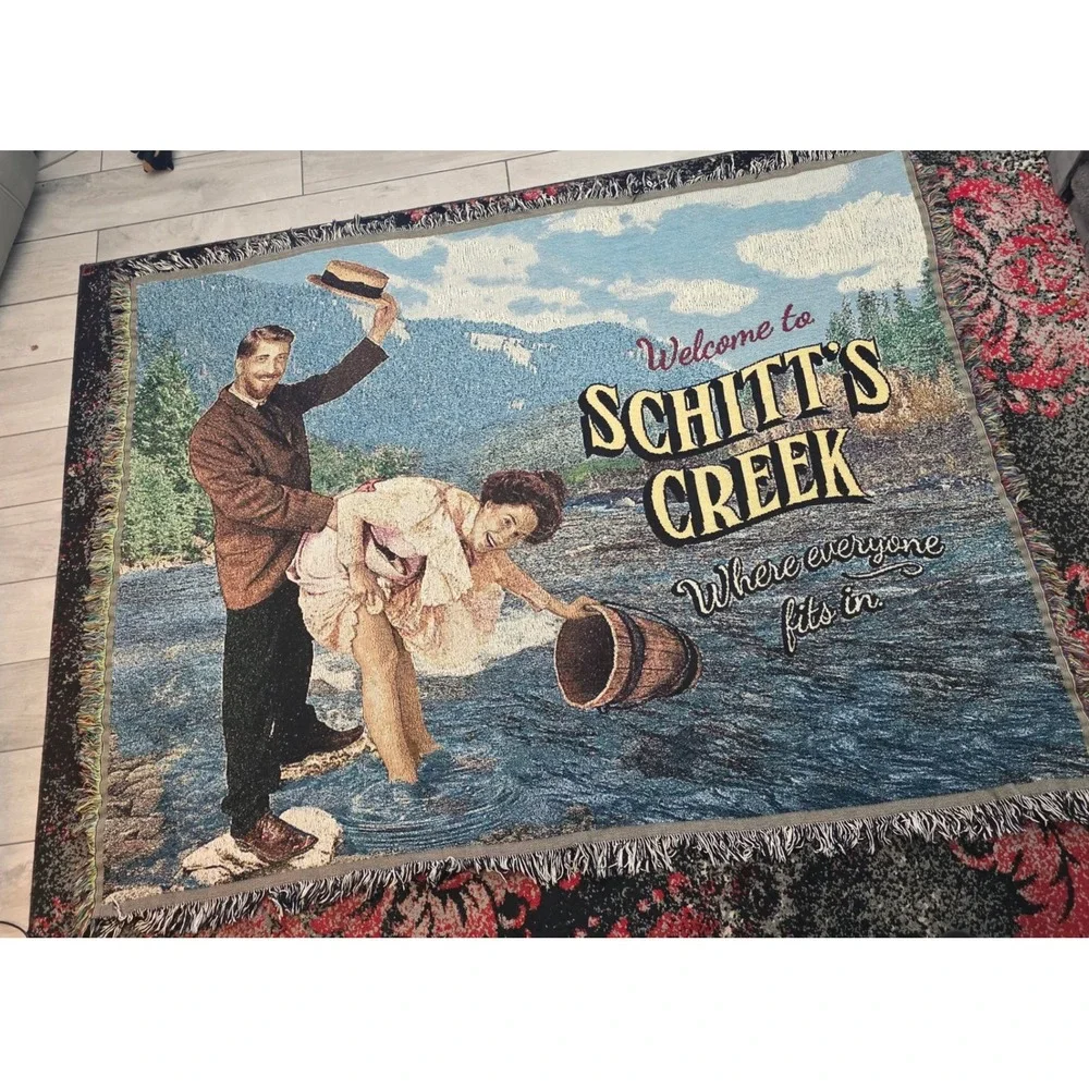 Schitts Creek Woven Tapestry Throw Blanket Welcome Town Sign Fringed 64x48 Decor